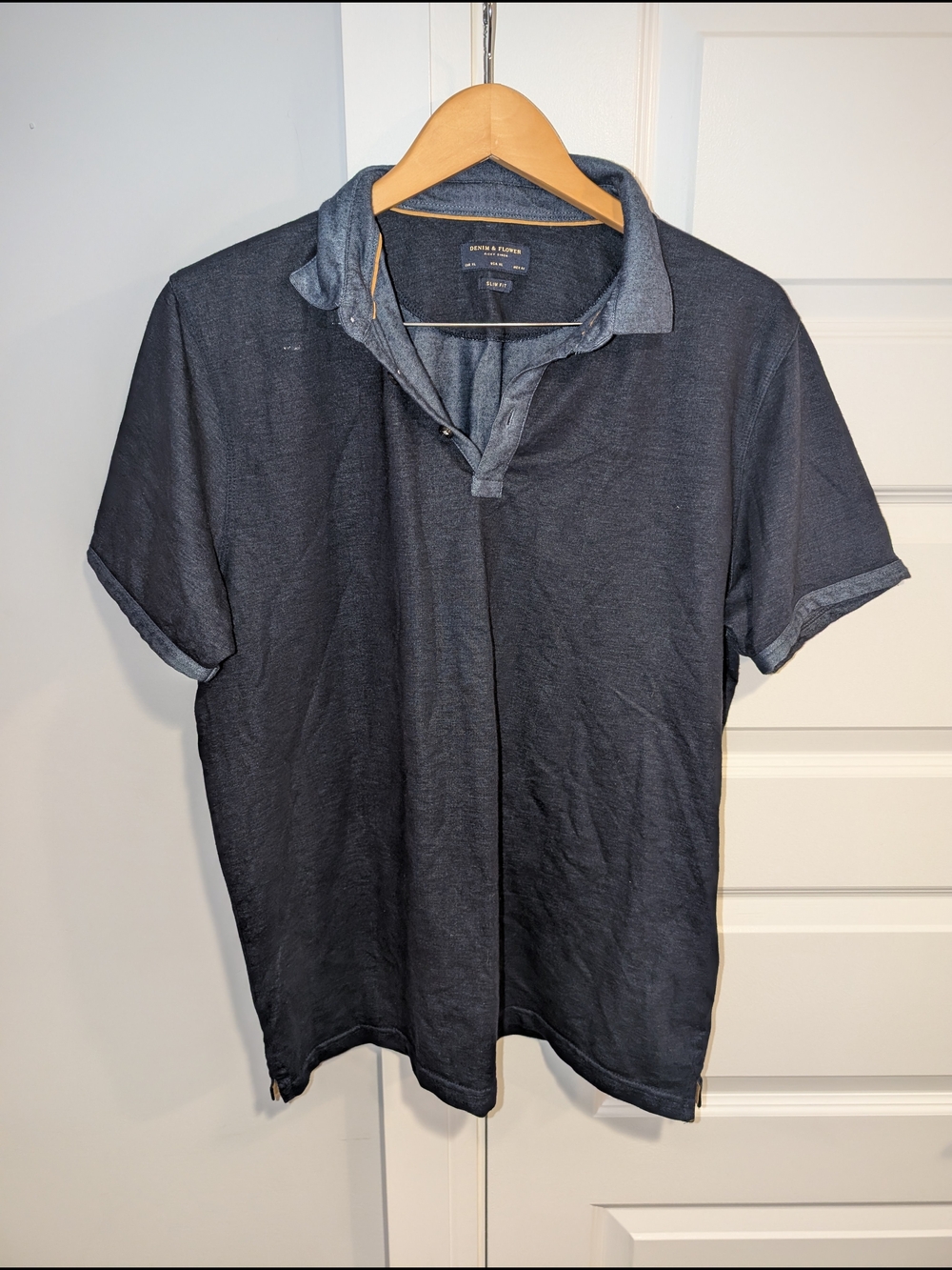 Denim & Flower Men’s Short Sleeve Polo in Charcoal Blue